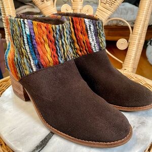 Toms Leila Chocolate Brown Suede Ankle Boots with Multicolor Textile Knit Upper